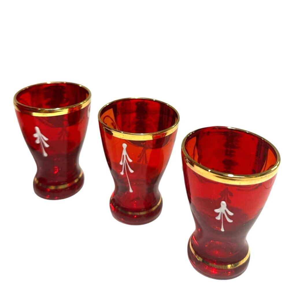 Bohemian Cranberry Glass Decanter Shot Glass Set Hand Painted Gold Floral Design - Picture 8 of 12